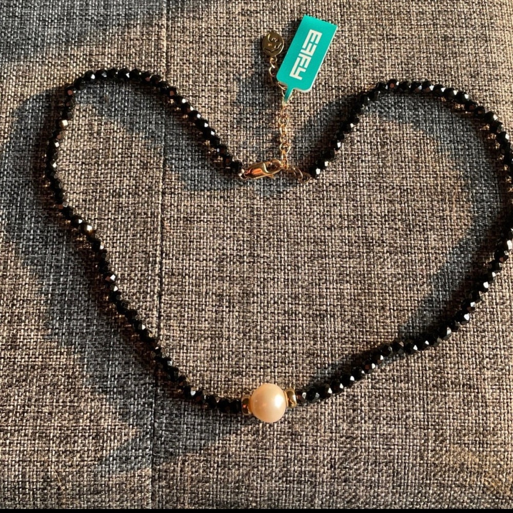 14K Yellow Gold Fresh Water, Black Spinel necklace